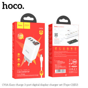 Bộ sạc Hoco 3 cổng C93A Easy Charge có LED báo kèm cáp Type C