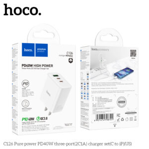 Bộ sạc ba cổng (2C1A) Hoco C126 Pure PD40W (Kèm cáp C to iPhone)