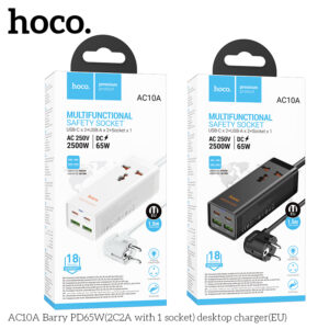 Bộ sạc máy tính để bàn AC10A Barry PD65W GaN (2C2A với 1 ổ cắm) (EU)